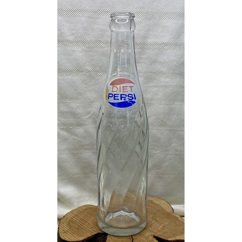 Vintage 10 oz Diet Pepsi Swirl Glass Bottle Clear White Dots Soda ACL 1970's